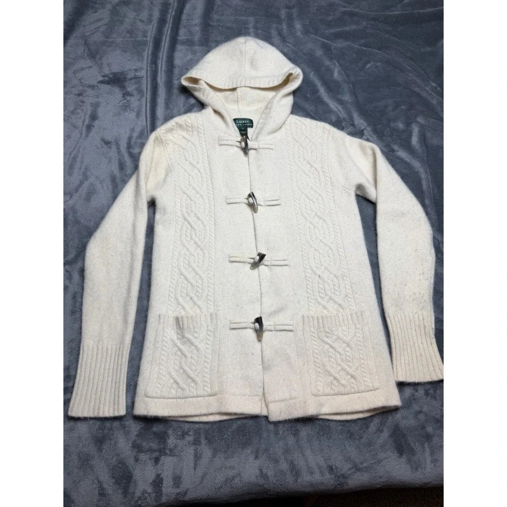 Ralph Lauren Cream Merino Wool Angora Cashmere Cable Knit Toggle Cardigan Small
